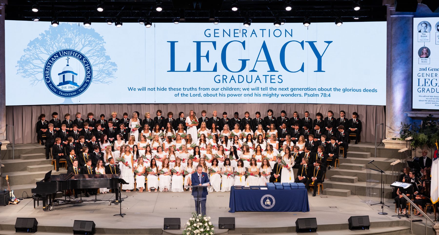 Christian High School choir performs beneath the Generation Legacy Graduates banner