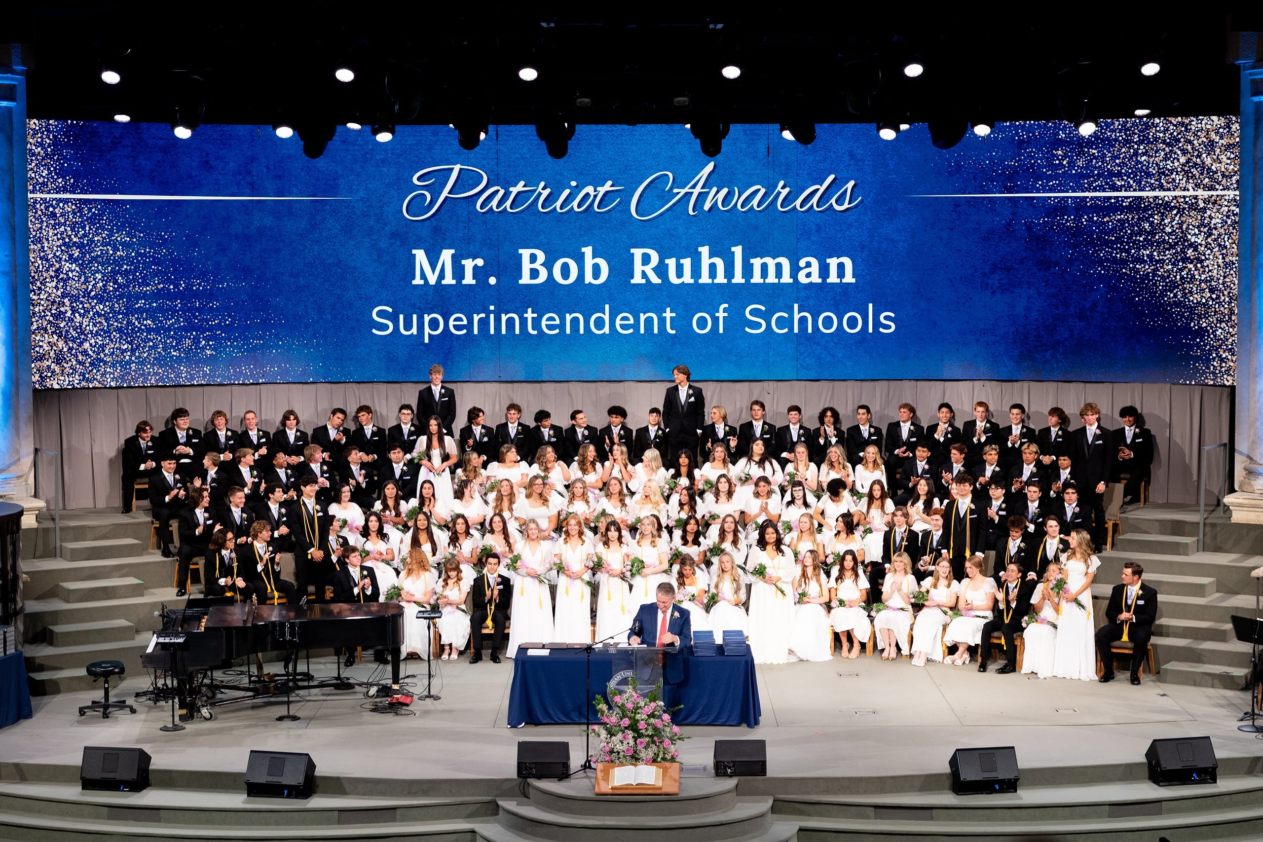Christian High School Commencement 2025: Rise Up — 19 Entire graduating class on stage at Shadow Mountain Worship Center for commencement