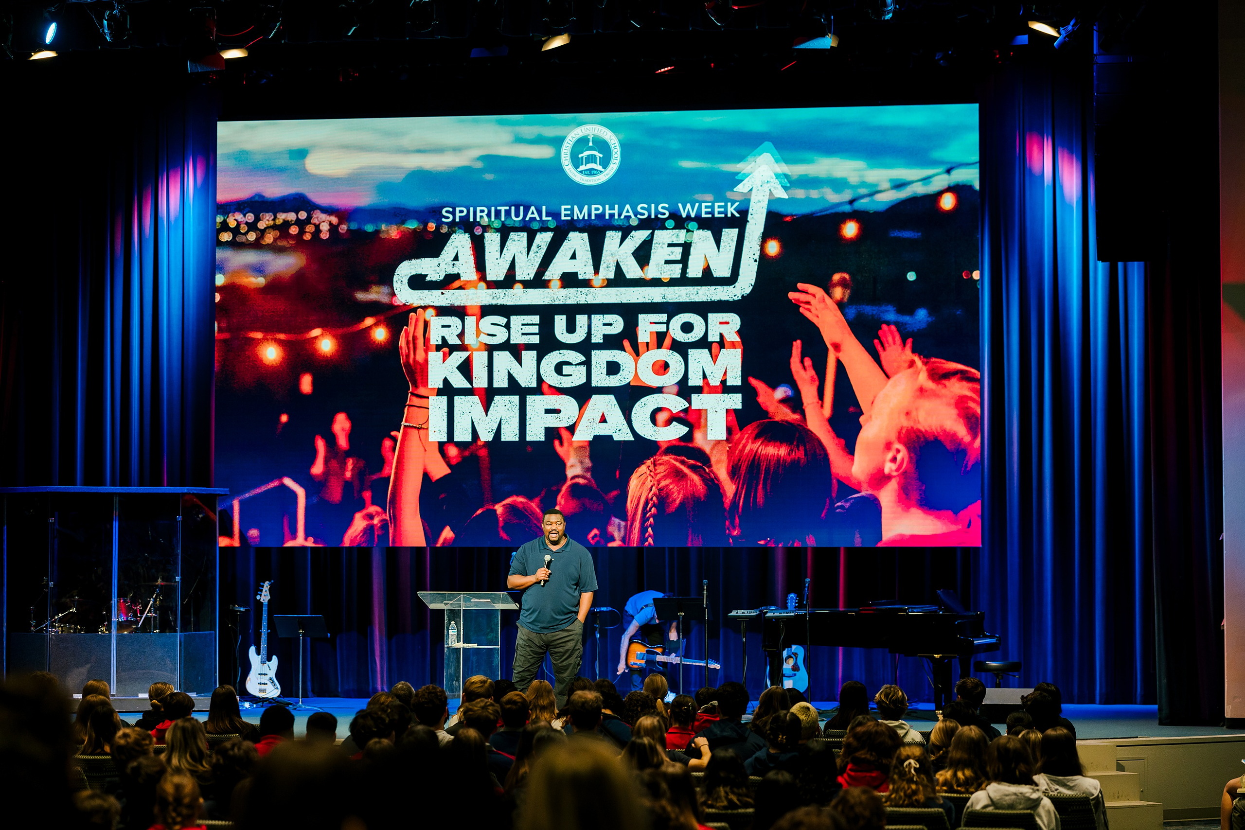 Spiritual Emphasis Week 2025 — 07 Large screen displays 'Spiritual Emphasis Week AWAKEN Rise Up for Kingdom Impact'